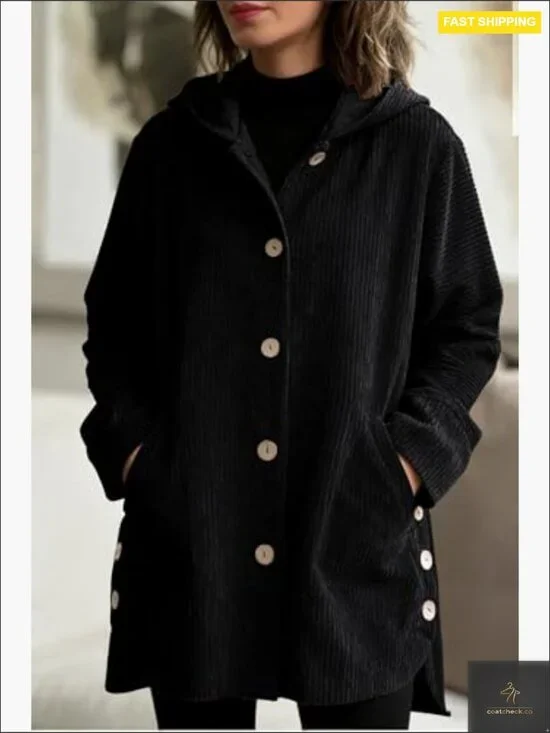 Corduroy Hooded Trench Coat Loose Fit Vintage Chic Casual Outerwear Jacket - Picture 3 of 7